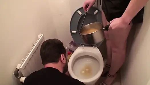 Eating soup with her piss