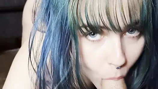 Blue Eyed Blue Hair 18 yo Teen Sucks and Fucks