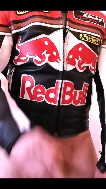 Redbull leather jacket wank and cum