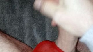 Jerking off in wife's red sheer t-string