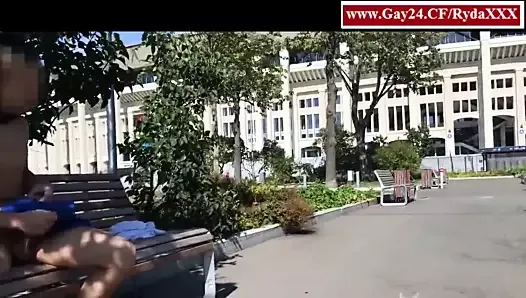 An exhibitionist jerked off dangerously on a park bench