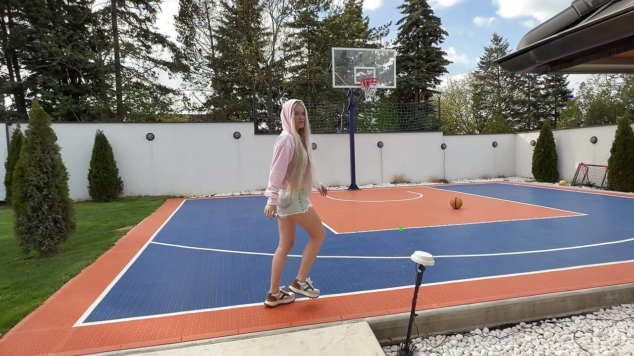 She wanted to throw the ball into the hoop, but it all ended with cum on her ass.