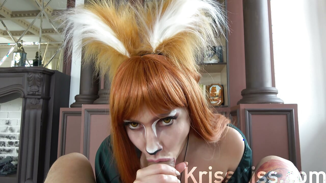 Cosplay horny fox sucking huge cock, cum in mouth, 4K