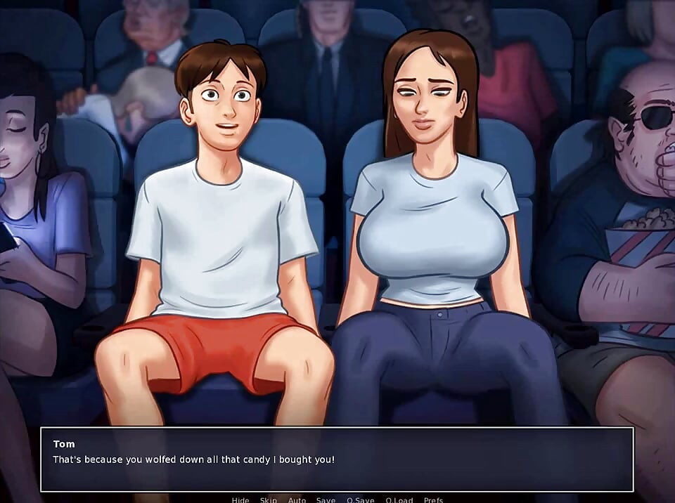 Summertime saga: stepbrother fingers his stepsister in the cinema