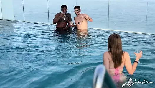 Geek Nerd Meets Two Porn Actors in the Pool and Gets Double Penetrated