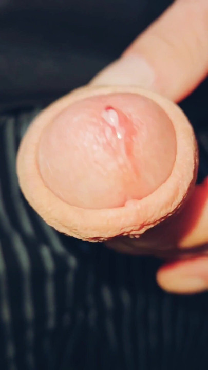 Horny uncut guy playing with long foreskin again precum and cum | Clip 1