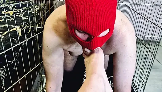 Доминатрикс Ника позволяет рабу выползти из клетки, чтобы он целовал, облизывал ее ступни, сосал пальчики на ее ногах.