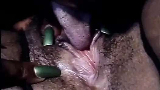 Sexy black lesbians threesome pussy dildo penetrated