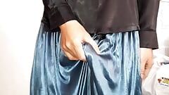 Crossdresser Cumming Wearing Satin Silk Blouse And Shiny Skirt