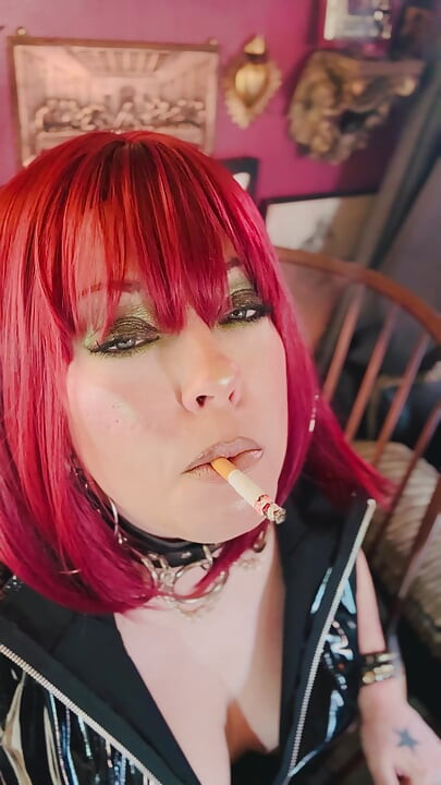Beautiful BBW Redhead Tina Snua Smokes A Cork Cigarette Close Up In PVC - OMI Snap Inhales OME Drifting Smoke