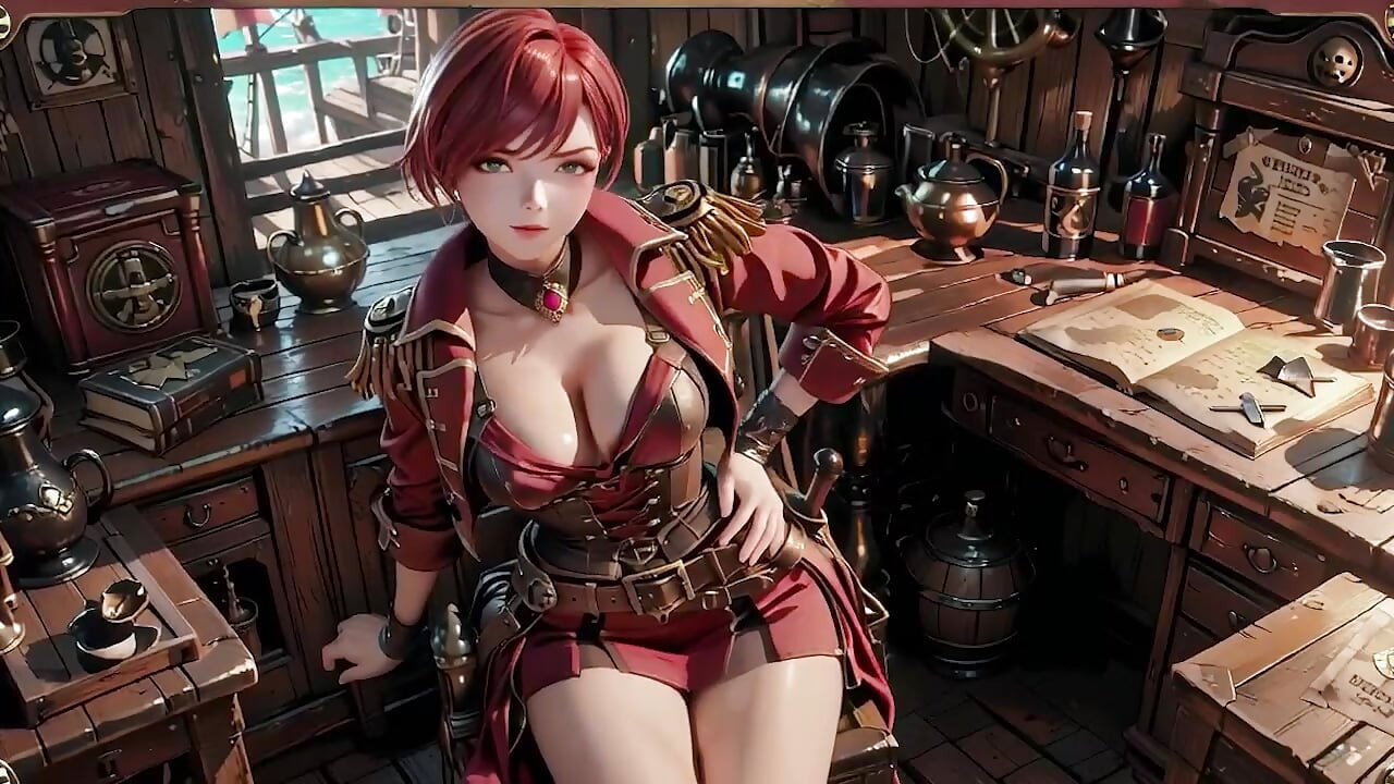 Capitaine pirate rousse ! Jouant avec son sabre dans une cabine de navire vintage