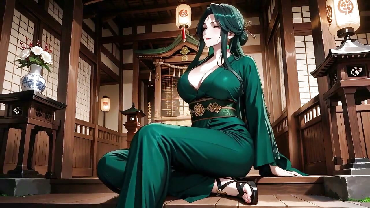 Deep Green Kimono! Private Shrine Stroll, High Slit Accidents!