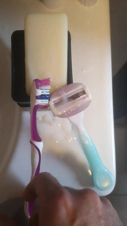 Cum on my wife's toothbrush, soap and razor