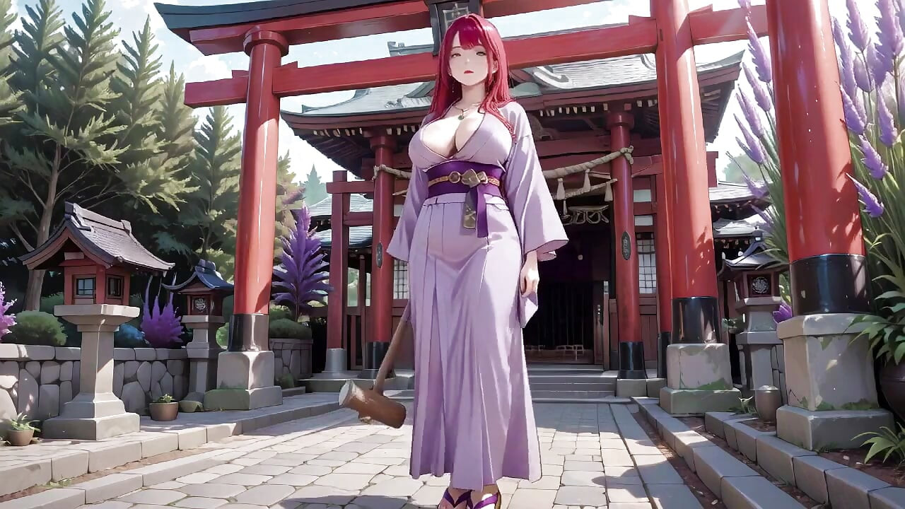 Red-haired Kimono Goddess! Kneeling Under the Sacred Torii Gate, She Adjusts Her Soaked Backless Outfit with a Shy Gaze.