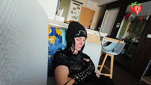 Emo girl first gives blowjob on the beach and then gets fucked at home