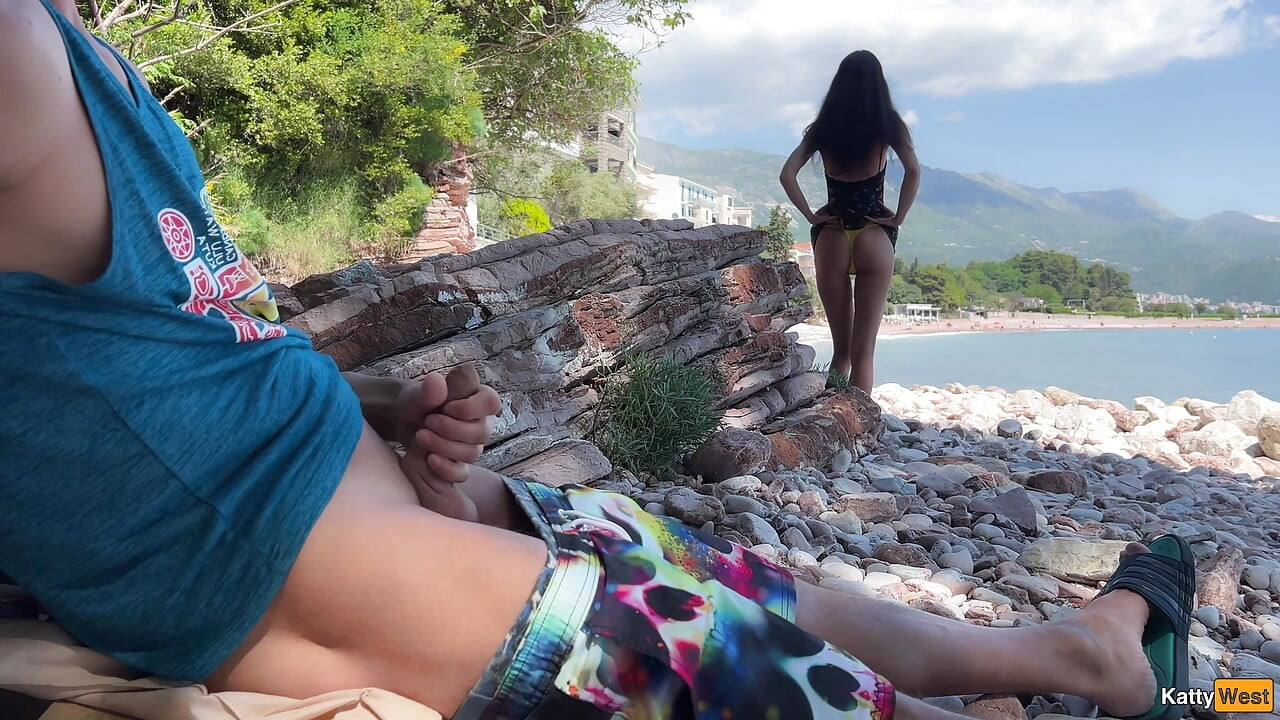 Public Dick Flashing on the Beach - I took his dick in my hand and helped him cum