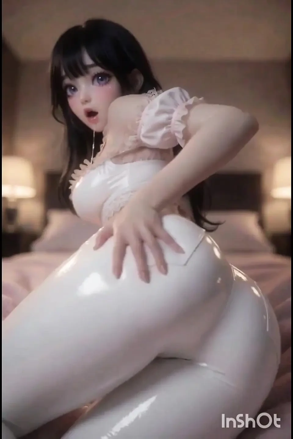 漂亮的黑发动漫女孩，白色皮裤