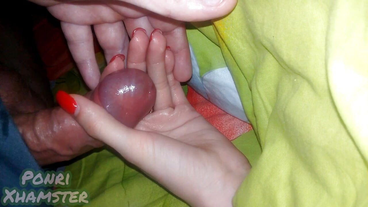 My stepsister's hand is covered in precum and then thick cum