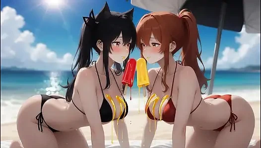 Готическая красотка AI встречается с рыжей красоткой - пляжный кроссовер (поедание ледяного попа)