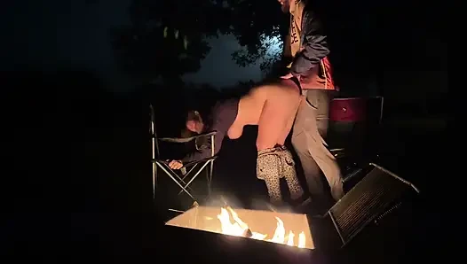 Wife caught masturbating in public restroom, then fucked by the campfire