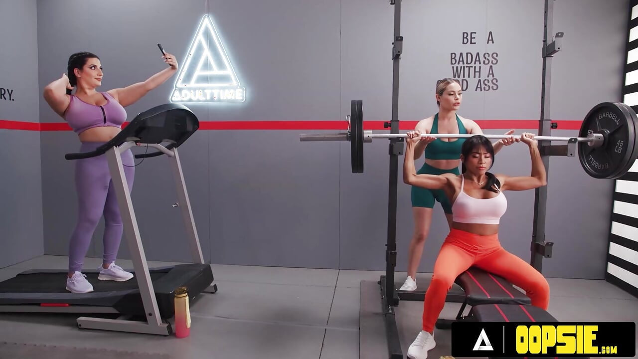 OOPSIE - Two Babes Distract Nicole Aria's Gym Session Turning Into Futa Threesome Cum Fest