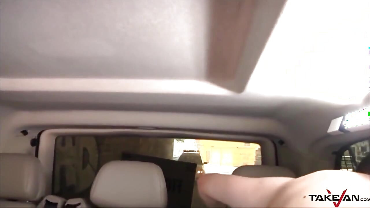 Busty glasses girl invites amateur guy for fucking in the Van