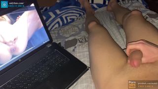 Schoolboy Jerks Off To Porn! Cum on Cam, Stomach and Bed!