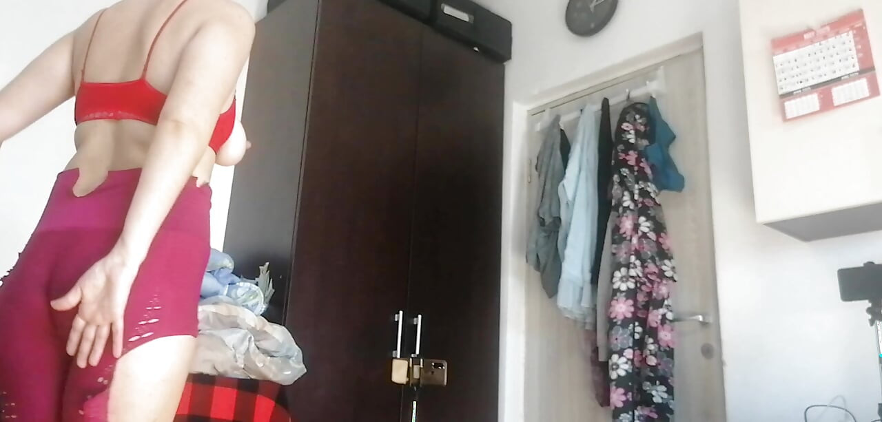 Amateur wife has fun trying on clothes and cutting them. Amateur wife sucking naked in the house