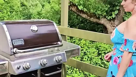 OnlyFans Voyeur look at MOMMY Enjoying the Summer Barbecuing Meat with her BIG TITS Out in the Sunshine