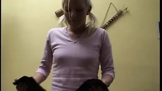 Blonde teen wearing nylon shaving her pussy while two guys jerking on her