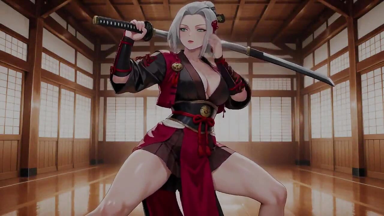 Kimono rojo y negro ligeramente abierto, espadas dobles en la mano pero innegablemente seductoras.