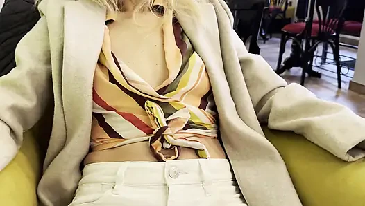 Wife exposing boobs and big pierced nipples while having coffee in a bar public while my husband plays with my boobs