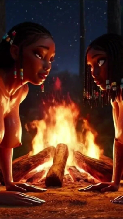 Vellystige ibenholt stammekvinder udfører primal ildtilbedelse på alle fire dækket af olie og hellig jord om natten | Klip 1