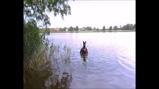 Cachorro de borracha com fralda no lago porrubberpantsboy