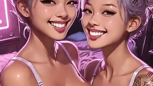 Cyberpunk Lesbians Tongue and Kiss Fetish, Ai Animation