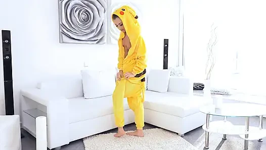 Amazing sexy Pikachu enjoys spreading her wet shaved wide hole