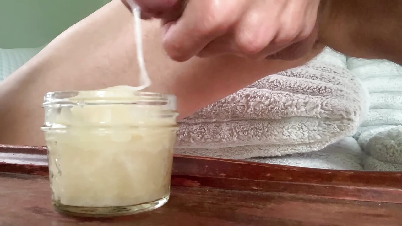 Fillingup jar with cum for wifey to swallow