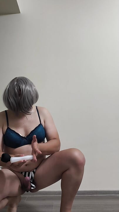 Crossdresser in bulge thong vibrating ass and cock