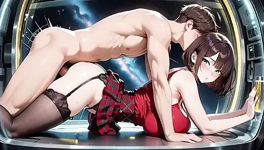 Brunette in Red Plaid Skirt Space Cabin Sensual Play