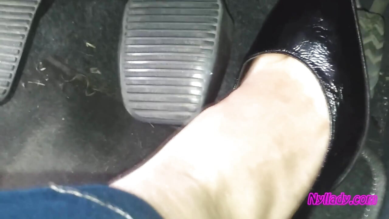 Driving and Revving in Black Pumps on Bare Foot