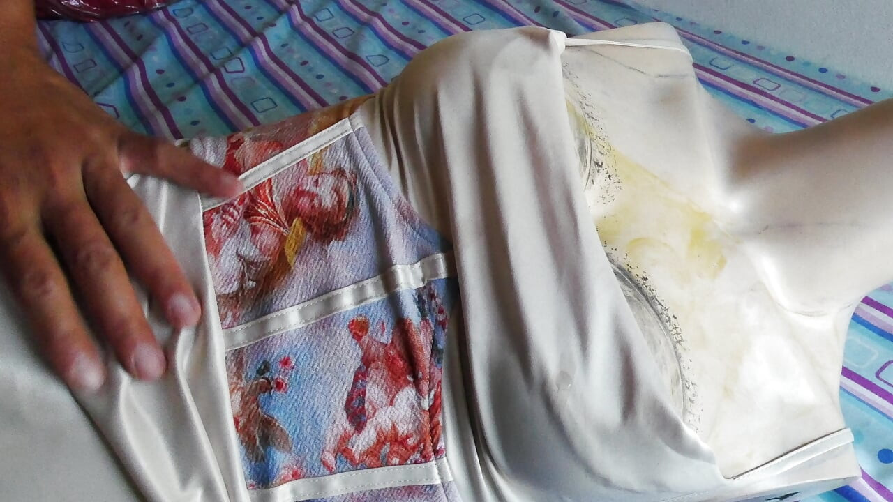 Pleasuring my Cock on a Slutty cream Satin Dress
