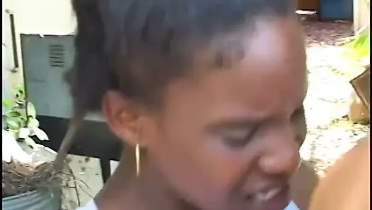 Slut gets jizzed on after sucking guy's cock outside and getting twat banged