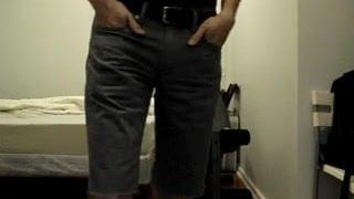 Strip in denim shorts and cum
