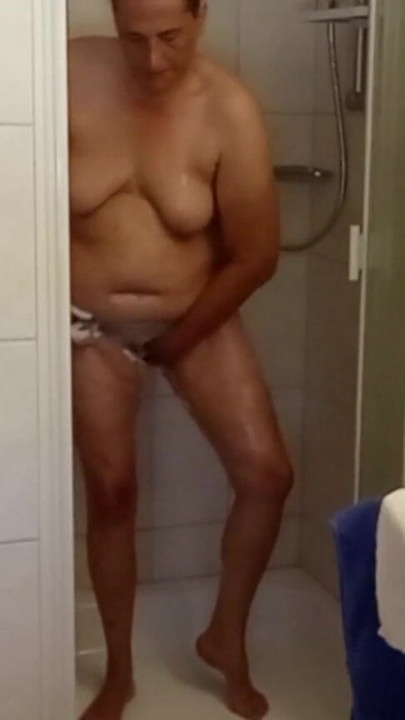 German BBW MILF 53 with natural tits & soft belly takes a shower | Clip 2