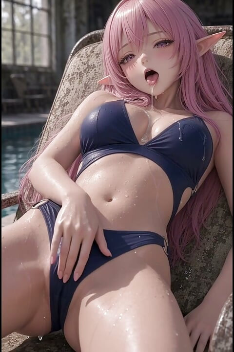 3d anime pink hairy in swimsuit masturbates in and around the pool