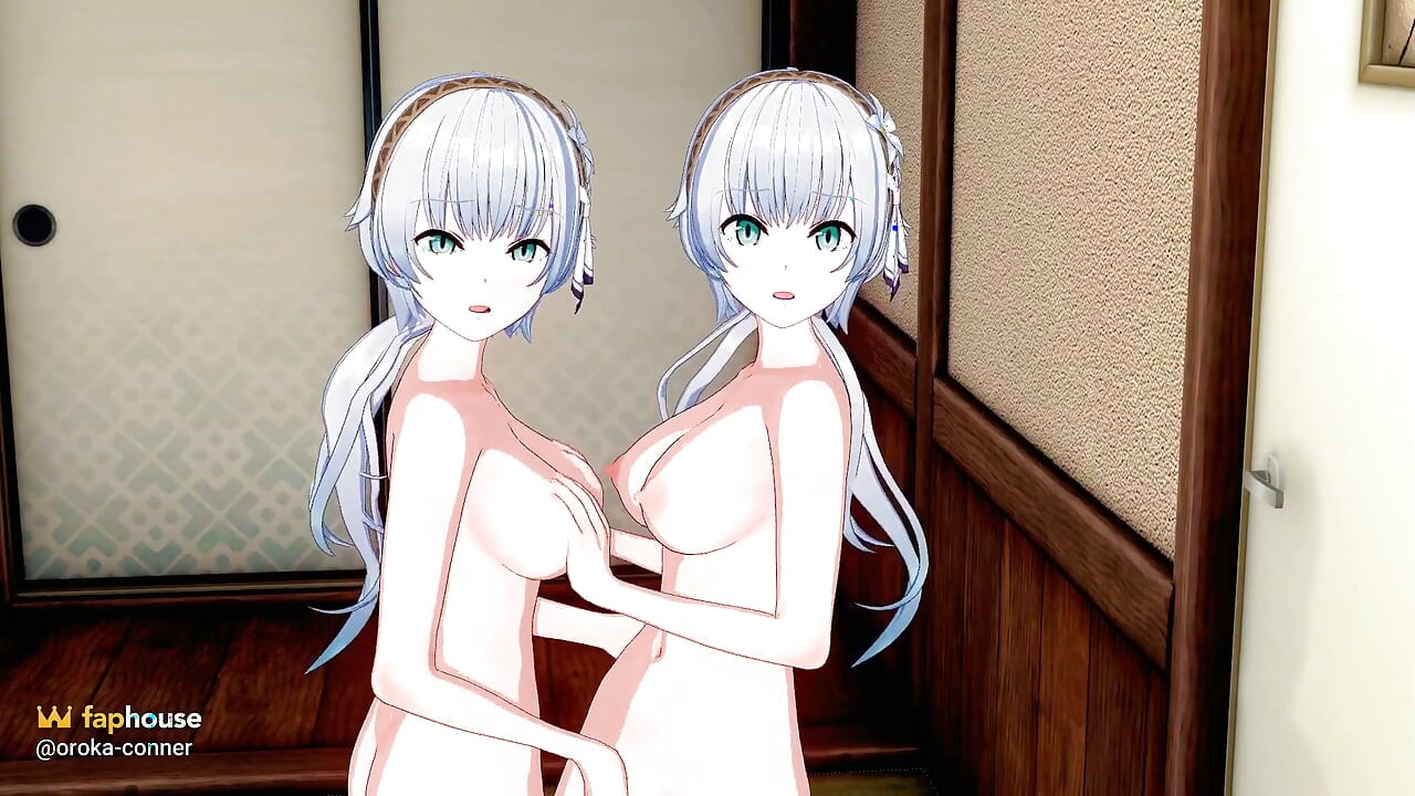 두 명의 백발 미녀 터치와 즐거움 서로 - 3D 헨타이