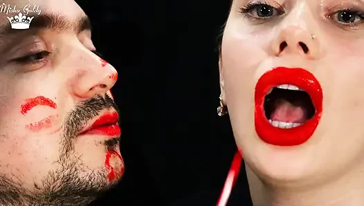 Covering Alex face with red lipsticks kisses