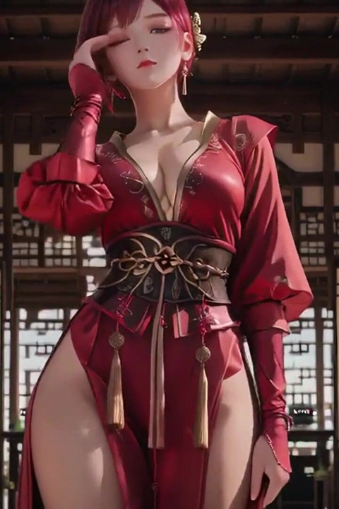 Purple-haired War Maiden in High-slit Kimono, Kneeling to Tease Your Eyes with a Fiery Gaze and a Wet, Forbidden Whisper.
