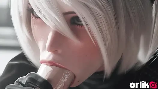 2b Nier Automata, минет и трах в городской позе наездницы - сливочная киска и кримпай в конце, 3D анимация