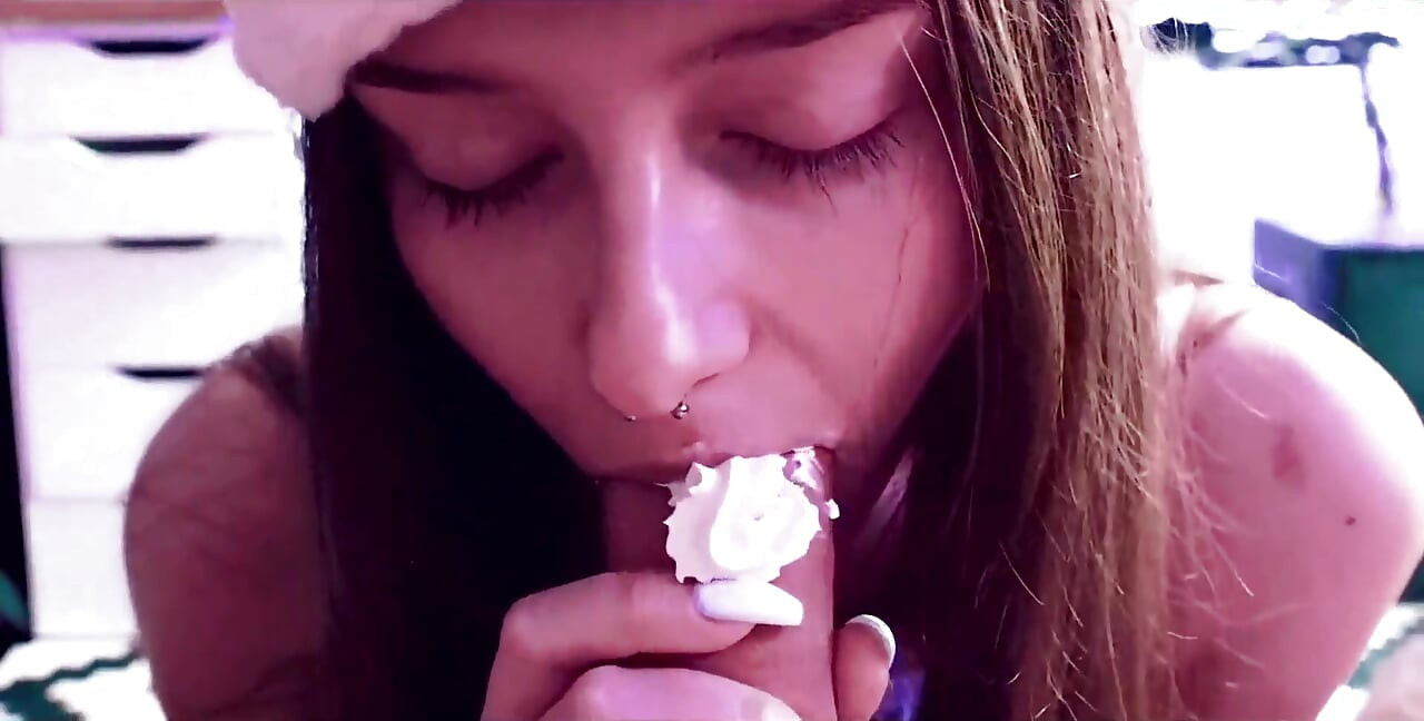 Cute Girl Whipped Cream Blowjob Close up